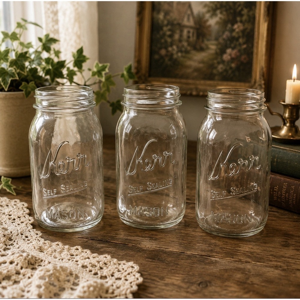 Vintage Kerr Self Sealing Mason Jars Lot of 3 Quart Clear Glass Regular USA